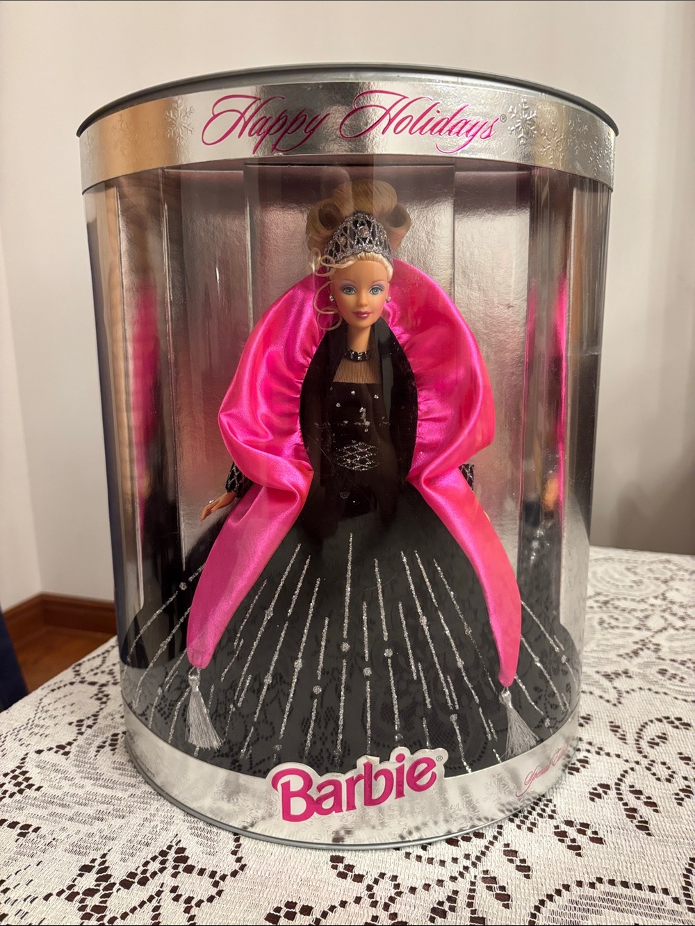 Barbie Happy Holidays Black Gown with Bright Pink Satin Shawl and Silver Tiara